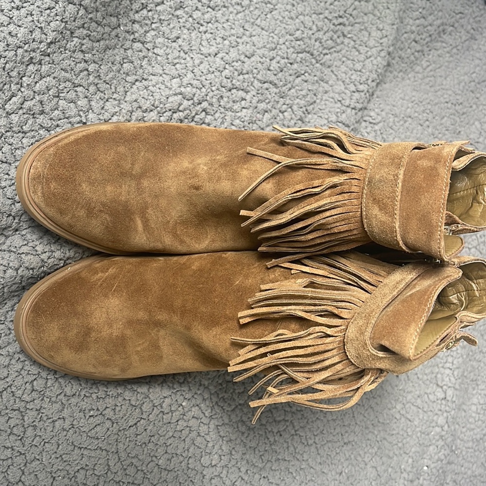 Ivanka Trump stacked heel suede fringe bootie